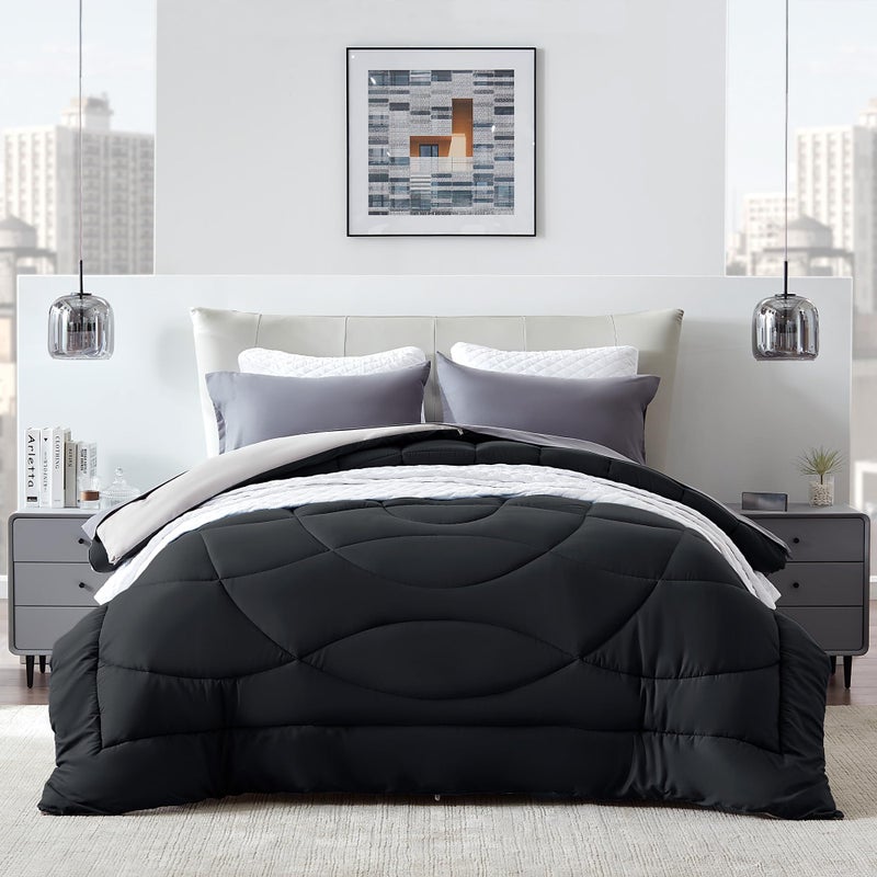 SLEEP ZONE Comforter Duvet Insert, Queen Size Quilted Reversible Comforters, Soft All Season Duvet, Down Alternative Breathable Bedding with 8 tabs, 2 Sides Black Gray 88 x 88 Inches - Image 1